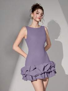 Poshira Vestido corto de punto para mujer con bloques de color negro, sin mangas, espalda descubierta y diseño calado para fiesta