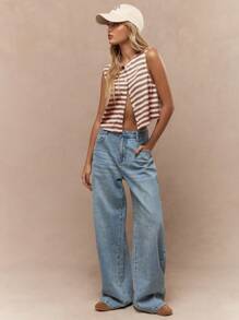 MISSGUIDED Chaleco sin mangas con botones y rayas, de punto grueso, para verano y otoño, estilo casual - Café integral - Ver 4