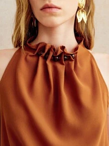 Écloséra Elegant Rust Brown Summer Two Pieces Suit For Ladies, Retro Halter Neck Sleeveless Fitted Pleated Beaded Mushroom Button Decorative Brunch Outfit - Rust Brown - View 6