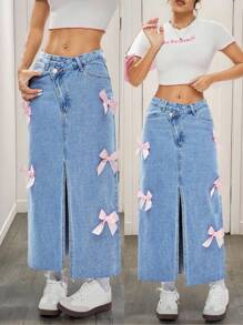 SHEIN EZwear 女式不对称系腰牛仔裙