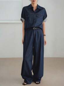 Dazy-Less Loose Casual Business Style Office Wear Large Pocket Utility Retro Washed Denim Shirt And Straight Leg Casual Jeans Pants 2 Pieces Set For Women - Dark Wash - View 2