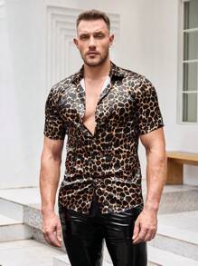 Manfinity VCAY Men's Woven Fashionable Casual Mature Leopard Print Fitted Short Sleeve Shirt, Travel Essentials - Brown - View 1