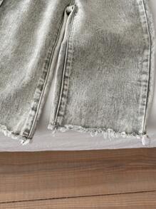 YOUNG GIRL Casual All-Match Everyday Versatile Button Front Detail Elastic Waist Raw Hem Wide Leg Jeans - Army Green - View 4