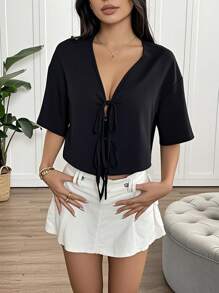 INAWLY Camisa tipo cárdigan con manga larga y lazo delantero, color rojo, para primavera - Negro - Ver 5