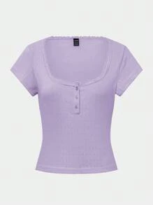 Chiquease Cute Lace Trim Short Sleeve T-Shirt For Women, Slim Fit 3-Button Design Casual Tee Tops For Summer