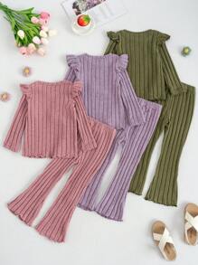 Set de 3 bucăți pentru fete, top cu mânecă lungă și pantaloni evazați cu volane, potrivit pentru primăvară și toamnă - Multicolor - Vizualizare 2