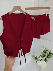 Comfortcana 2件套女士勃艮第红系带短款背心和短裤休闲套装 - 酒紅色 - 查看 6