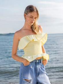 Lumivelle Light Yellow Ruffle Hem Crop Top, Casual Fitted Women's Top - Yellow - View 4