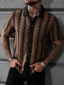 SLATEMANN Men's All-Over Print Front Button Casual Versatile Short Sleeve Shirt - Coffee Brown - View 3