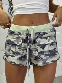 StreetHx 女士夏季迷彩工装抽绳腰短裤