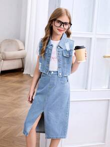 Summer Outfit For Tween Girls Personalized Casual Comfortable Vacation Fashion Street Casual Washed Soft Distressed Sleeveless Top And Split Hem Loose Skirt Set - Medium Wash - View 5