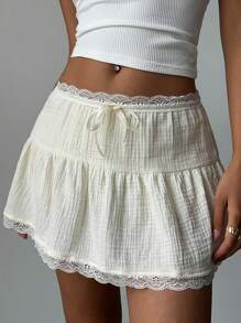 Aloruh Damen einfarbiger Kontrastspitze Schleife Verzierung Rüschen Saum kurzer Rock