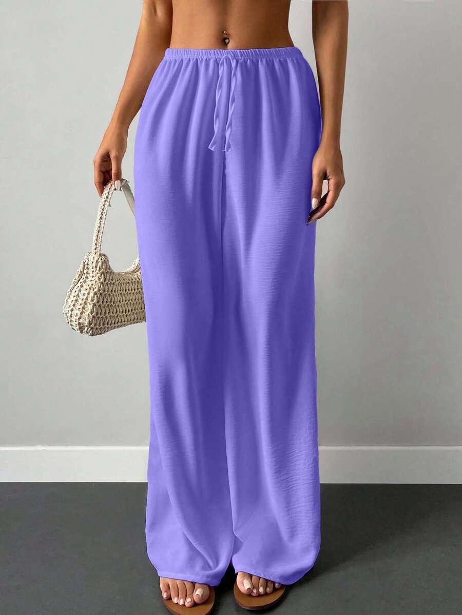 EURMUSE Solid Elastic Waist Wide Leg Trousers