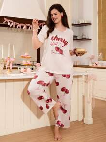 SweetSlumber Conjunto de ropa de dormir de talla grande con estampado de lazo de cereza y cuello redondo cómodo