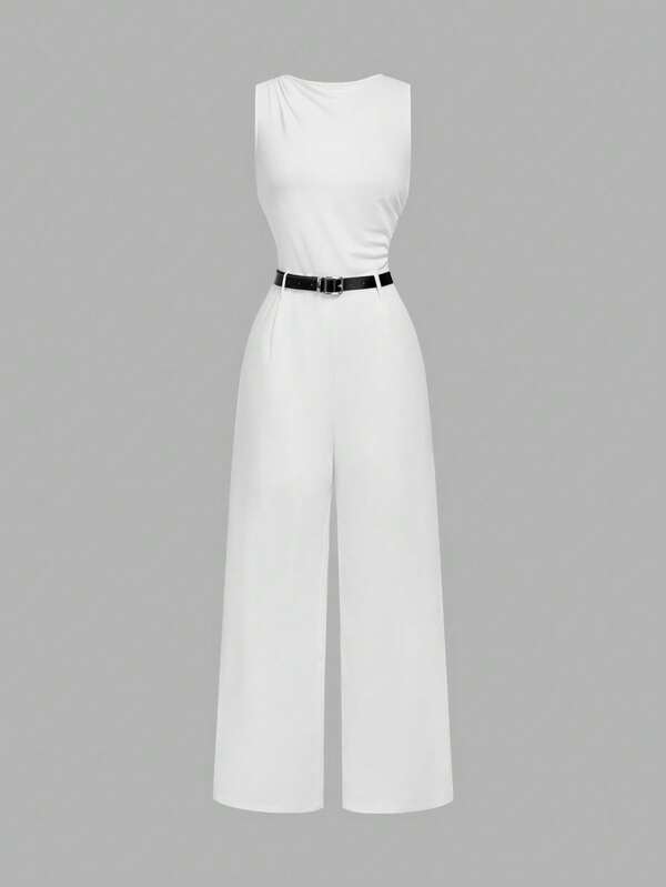 SHEIN MOD 1pc Women's White Pleated Wide Leg Loose Jumpsuit With Belt, Casual Style, ,