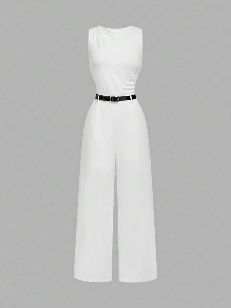 SHEIN MOD 1pc Women's White Pleated Wide Leg Loose Jumpsuit With Belt, Casual Style, , - White - View 1