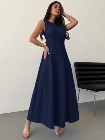 SHEIN Privé Summer New Women Elegant Simple Commute Casual Outdoor Travel Vacation Blue Sleeveless Front Button A-Line Midi Dress Navy Blue