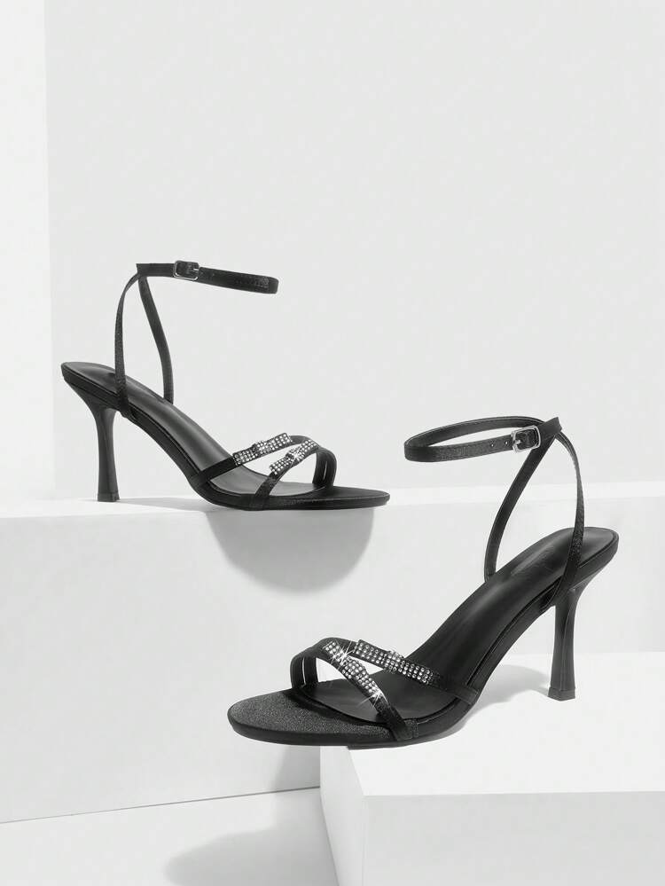CUCCOO SZL Women's Black Satin Fabric Bow Rhinestone Decor 8.8cm Stiletto High Heel Round Toe Sandals