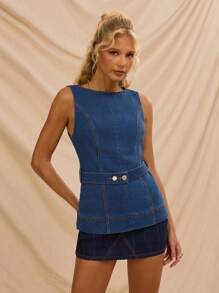 Avantive Summer Sleeveless Crop Denim Top For Women, Casual High-Street - Medium Wash - View 4