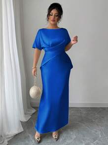 Elenzga 大码女式春夏优雅法式时尚奢华办公室、约会、通勤、休闲、度假、下午茶 V 领交叉腰鱼尾下摆二合一短袖缎面正式长裙