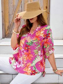 EMERY ROSE 大码女式热带植物印花V领卷袖衬衫 - 彩色 - 查看 7