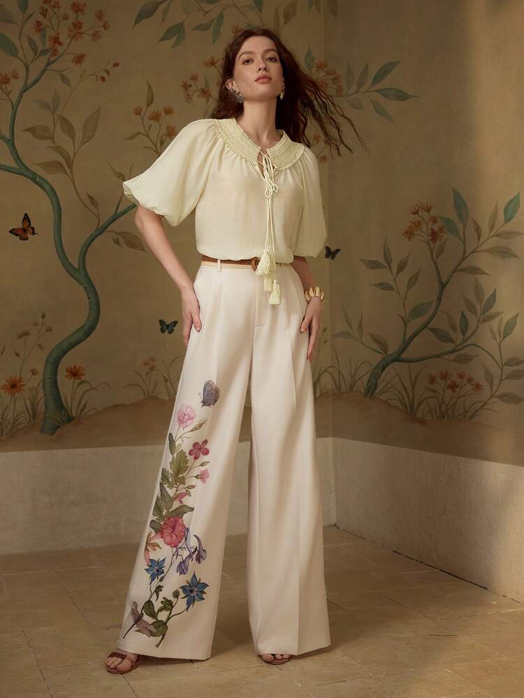 SHIRRED TASSEL TIE NECK PUFF SLEEVE SOLID BLOUSE