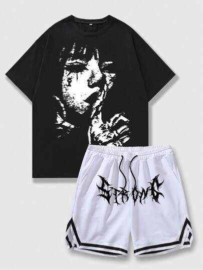 Anime Men's Silhouette Figure Print Short Sleeve Set