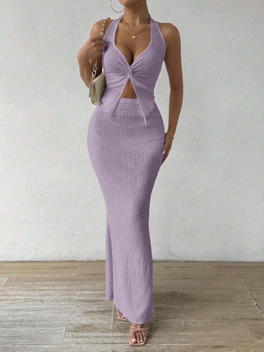 SHEIN Unity Conjunto de 2 piezas para vacaciones de mujer: Camiseta sin espalda con nudo delantero de unicolor y falda ajustado - Púrpura malva - Ver 1