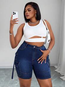 Maweii Plus Size Women Stretchy Denim Cowgirl Outfit Shorts, Multi Pockets Casual Summer Skinny Shorts  Summer Outfits For Women Festival Outfits Club Outfits Women Sexy Cargo Shorts