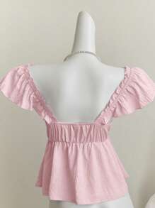 Elamini Top court bleu voluptueux avec encolure dégagée, sans manches et volants pour fille