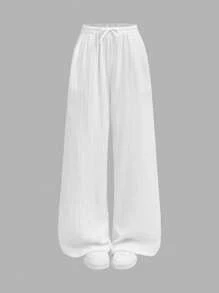 SHEIN Tween Girl Ruched Texture Chiffon Drawstring Waist Pocketed Loose Wide Leg White Pants