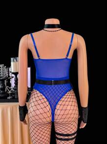 Fantasy Costume Bộ 5 món: Bộ đồ liền thân bằng da bóng quyến rũ có đinh tán trang trí kèm găng tay và quần tất - Màu xanh lam - Xem 4