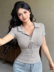 DAZY Summer Fitted Casual Textured Striped Bowknot Strap V-Neck Shirt Style Short Sleeve Blouse For Office Wear - Grey - View 13