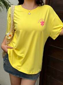Flirla Plus Size Plain Front & Back Pattern Print Short Sleeve T-Shirt - Yellow - View 3