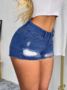 SHEIN Tall 女式破洞口袋紧身休闲百搭牛仔短裤 - 中等水洗藍 - 查看 5