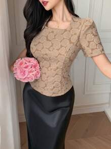 DAZY 优雅简约紧身泡泡袖女式衬衫，返校服装 - 卡其色 - 查看 5