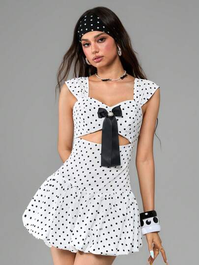 ROMWE Avant Women's Retro French Sicilian Polka Dot Bubble Hem Bow Decor Dress