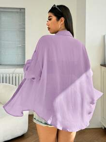 SHEIN EZwear Plus Size Women's Casual Lightweight Sheer Loose Long Sleeve Open Front Blouse, Suitable For Summer, Fall, Beach, Vacation, Daily Wear,Business Casual Woman - Violet Purple - View 2