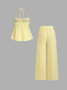 Sweetra 2 件套女士粉色条纹简约休闲装，适合春夏季 - 黃色 - 查看 2