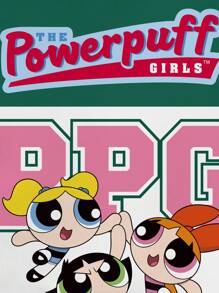 THE POWERPUFF GIRLS X SHEIN Crew Neck Short Sleeve Tight Cropped Contrast Trim Collar Summer Casual Cartoon Cute Interesting Sport Ballerina Style Retro Blossom, Bubbles, Buttercup Pattern Full Cover Tight Fitted Women T-Shirt Suitable For Going Out - White - View 4