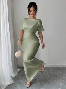 Elenzga 大码女式春夏法式优雅奢华办公室、约会、通勤休闲度假下午茶 V 领交叉腰鱼尾下摆假两件肩袖长裙，缎面材质，正式