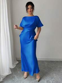 Elenzga 大码女式春夏优雅法式时尚奢华办公室、约会、通勤、休闲、度假、下午茶 V 领交叉腰鱼尾下摆二合一短袖缎面正式长裙