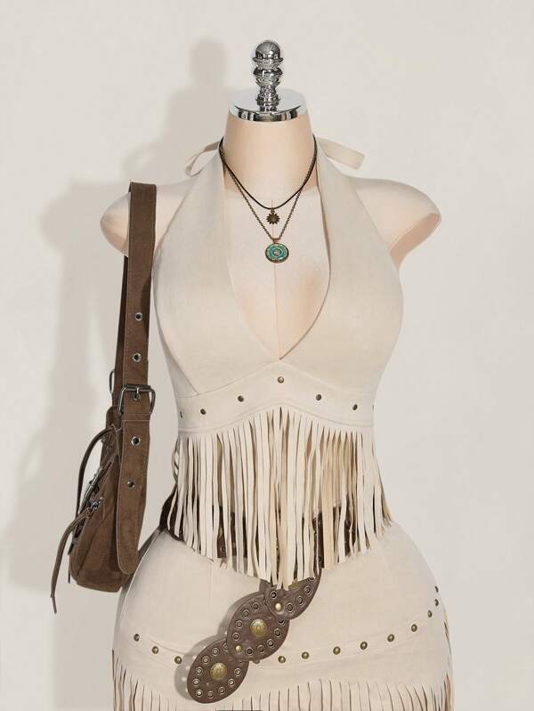 SHEIN ICON Blusa de verano con escote halter, estilo vintage vaquero bohemio, para conciertos y vacaciones, con flecos en el bajo y espalda descubierta, para mujer talla grande