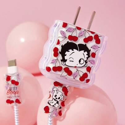 Betty Boop x SHEIN Bộ 3 miếng bảo vệ cáp dữ liệu, tương thích với bộ sạc , họa tiết hoa anh đào, bao gồm bảo vệ cáp điện thoại và bộ sạc (không bao gồm cáp dữ liệu), quà tặng ý tưởng, thích hợp cho tiệc tùng, ngày lễ, ngày Valentine.