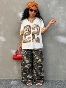 Coolane Kids 青少年女孩夏季街头服饰复古 Y2K 数字图案棒球服橙色迷彩服，亲子服装，超大，狂欢节，毕业，返校，球衣 T 恤 - 彩色 - 查看 6