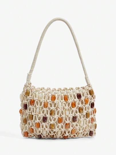 SHEIN SXY Ladies, Women Shoulder Bag, Hobo Bag, Crochet Bag, Acrylic Colored Stone Beadse, Fashionable, Elegant, Simple, Personalized, Versatile, For Beach, Vacation, Holiday, Summer, Seaside, Daily, Afternoon Tea, Beach Party