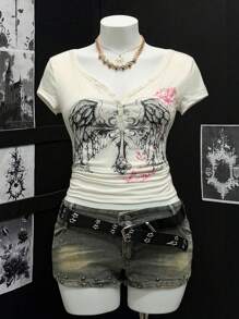 Flirla 大码女式数码印花翼形抽象半拉链短袖T恤 - 杏色 - 查看 1