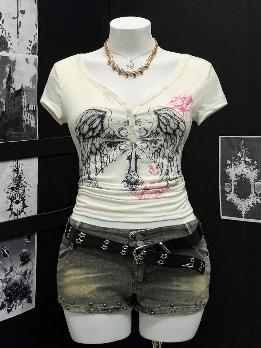 Flirla 大码女式数码印花翼形抽象半拉链短袖T恤 - 杏色 - 查看 1