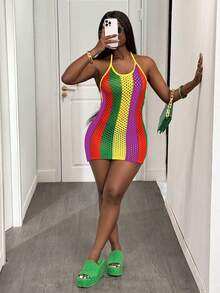 Slaydiva Vestido de suéter mini con tirantes de colores y espalda descubierta para mujer - Multicolor - Ver 3