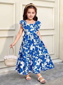 SHEIN Serisse Kids 年轻女孩编织碎花方领荷叶边蝴蝶结镂空后背连衣裙 - 藍白色 - 查看 8